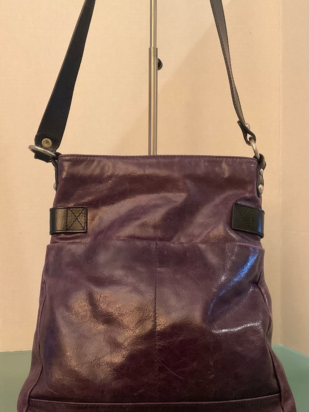 TANO POLISHED PURPLE LEATHER CROSSBODY WITH BLACK TRIM JOINTED CROSSBODY STRAP - Picture 11 of 15